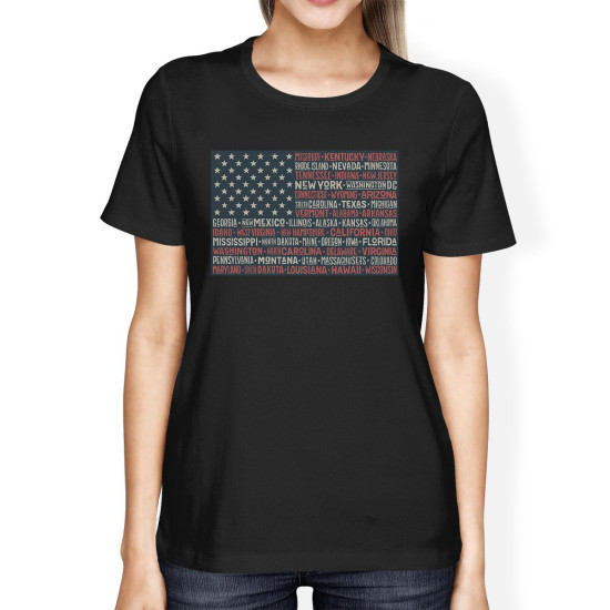 50 States US Flag American Flag Shirt Womens Black Cotton T-Shirtidx 3P11033835084