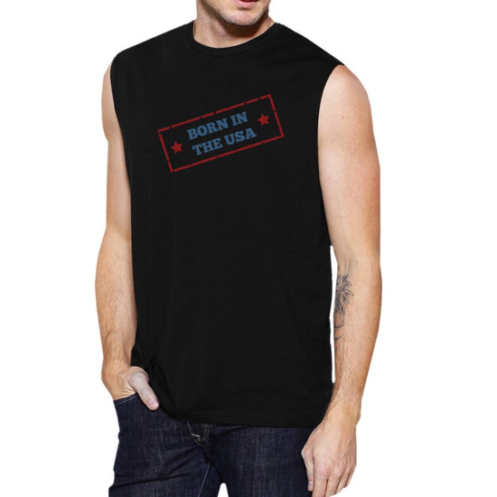 Born In The USA Black Round Neck Cotton Graphic Muscle Tee For Menidx 3P11025492620