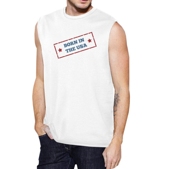 Born In The USA White Round Neck Cotton Graphic Muscle Tee For Menidx 3P11025495052