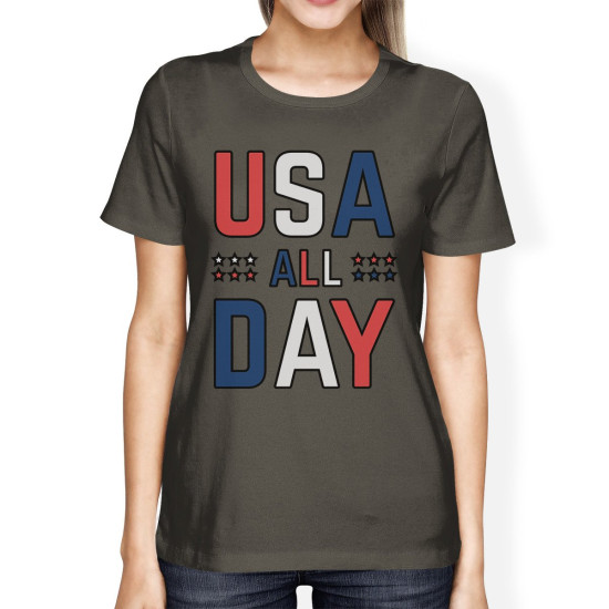 USA All Day Womens Dark Grey Round Neck T-Shirt Patriotic Gift Ideaidx 3P10973327564